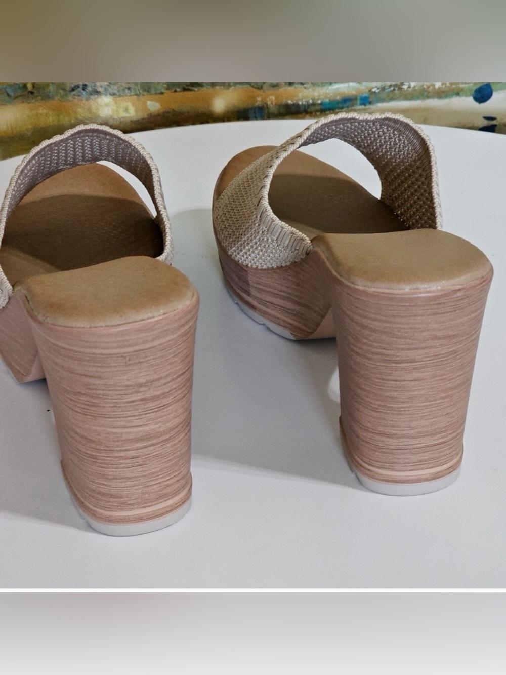 Beige Knit Platform Mule Heels - Women Casual Summer Resort Office Shoes - Picture 10 of 10